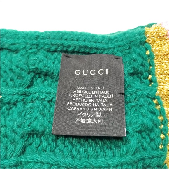 Auth Gucci Green Wool Cable Knit Scarf Pink Metallic Gold Knit Trim Ex+ Stole - Picture 11 of 11